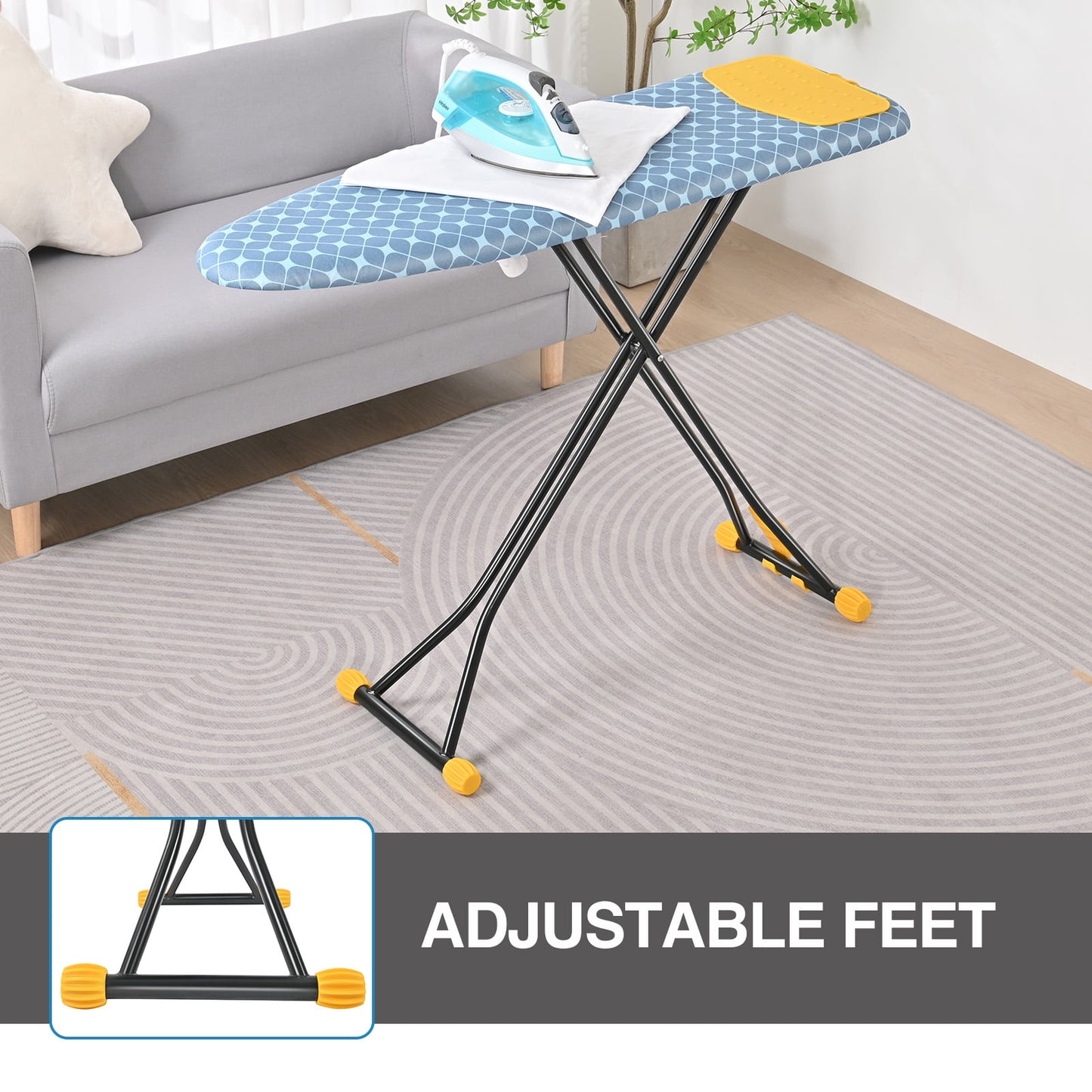 KK KINGRACK Ironing Board, Iron Board Full Size with Hanger & Rotating Nonslip Feet, 7 Level Height Adjustable, 43x13 in, Yellow (P1343HT-19-28Y)