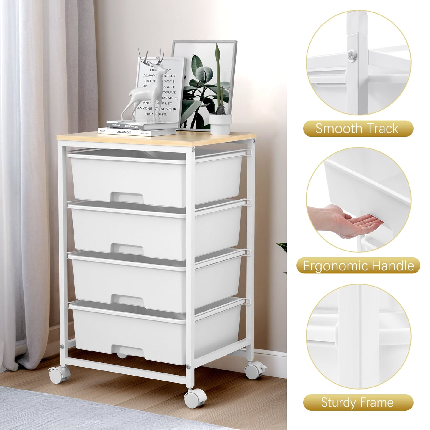 Rolling Storage Cart with 4 Drawers, KK KINGRACK Drawer Cart with Wooden Tabletop for Craft Office School Storage, White