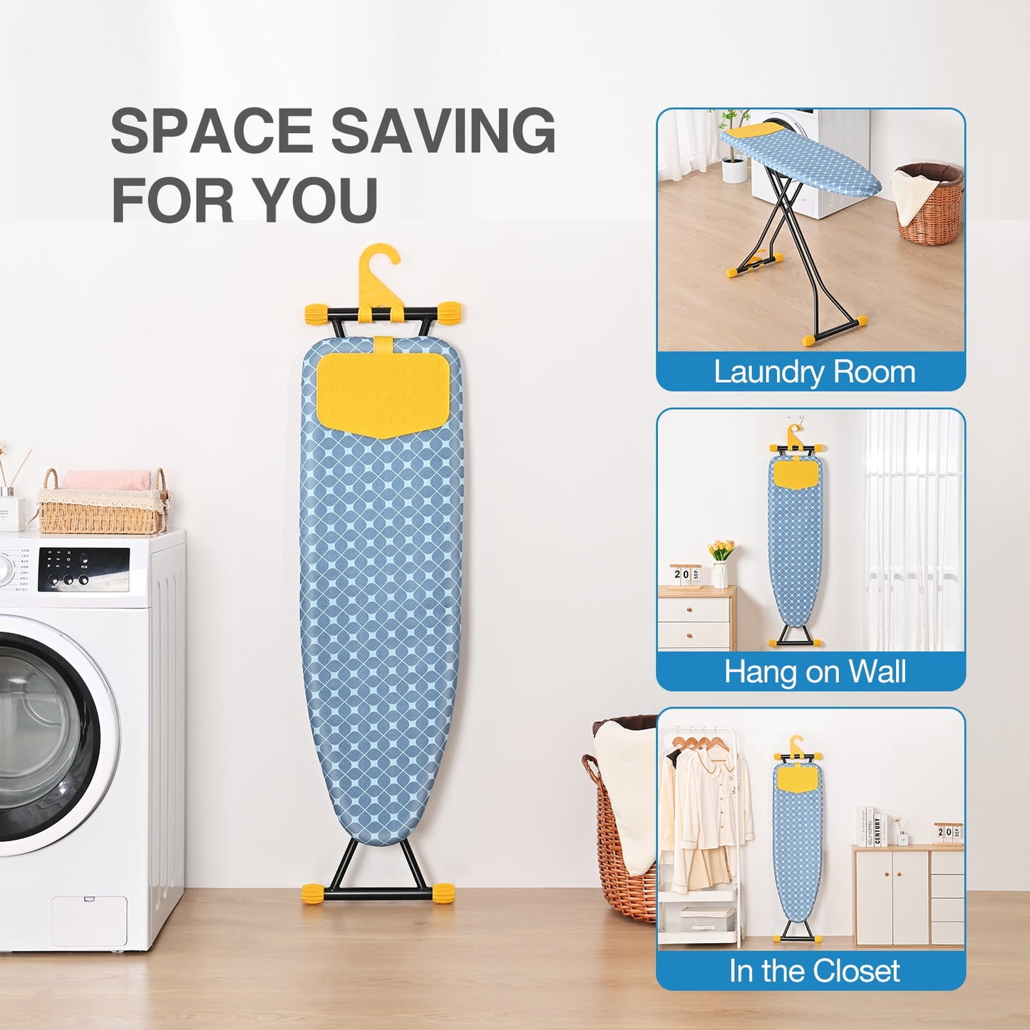 KK KINGRACK Ironing Board, Iron Board Full Size with Hanger & Rotating Nonslip Feet, 7 Level Height Adjustable, 43x13 in, Yellow (P1343HT-19-28Y)