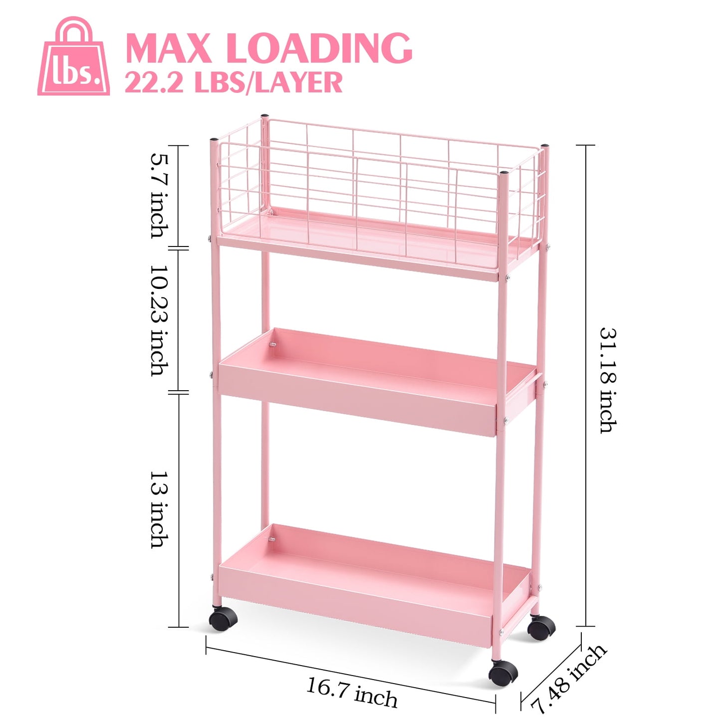 TOOLF Rolling Cart, 3-Tier Metal Cart, Slim Storage Cart for Home & Office, Pink (RY810076-P)
