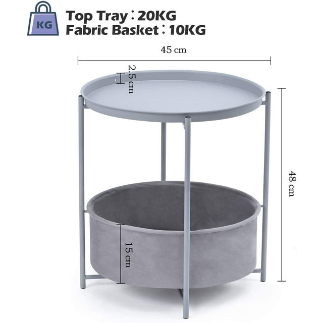 KK KINGRACK Side Table, Metal End Table, Coffee Table Tray, Sofa Side Snack Table with Detachable Tray Top and Fabric Storage Basket,WK131033-LKGY