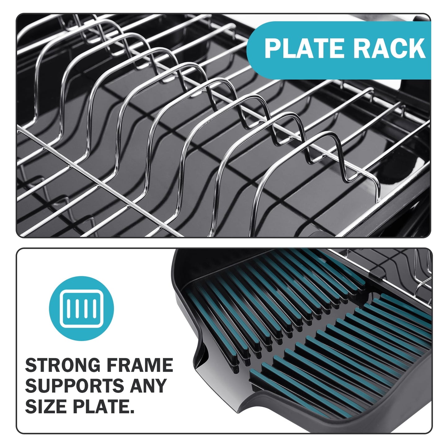 TOOLF Dish Drying Rack , Removable Dish Drainer with Water Tray for Kitchen, Large Capacity, Black, 13.7"-20.47"Lx12.6"W(WK810700)
