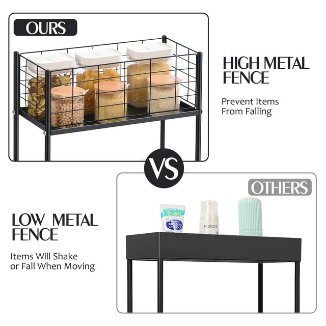 KINGRACK 3-Tier Metal Utility Rolling Cart with Wheels, Garage Storage, Slim Storage Cart for Office Kitchen Bathroom Narrow Place, File Black, RY810076-B