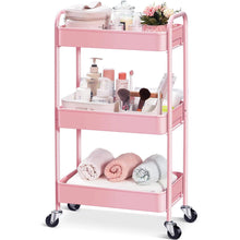 KINGRACK 3-Tier Rolling Cart, Metal Utility Cart with Lockable Wheels, for Office, Bathroom, Kitchen, Kid's Room, Classroom (Pink),WK131218-P