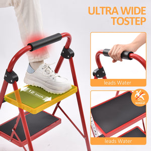 KK KINGRACK 3-Step Household Folding Steel Step Stool with Armrests, 225 lbs Capacity Red (WK2207B-3-R)