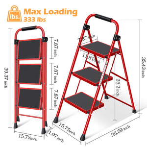 KK KINGRACK 3-Step Household Folding Steel Step Stool with Armrests, 225 lbs Capacity Red (WK2207B-3-R)