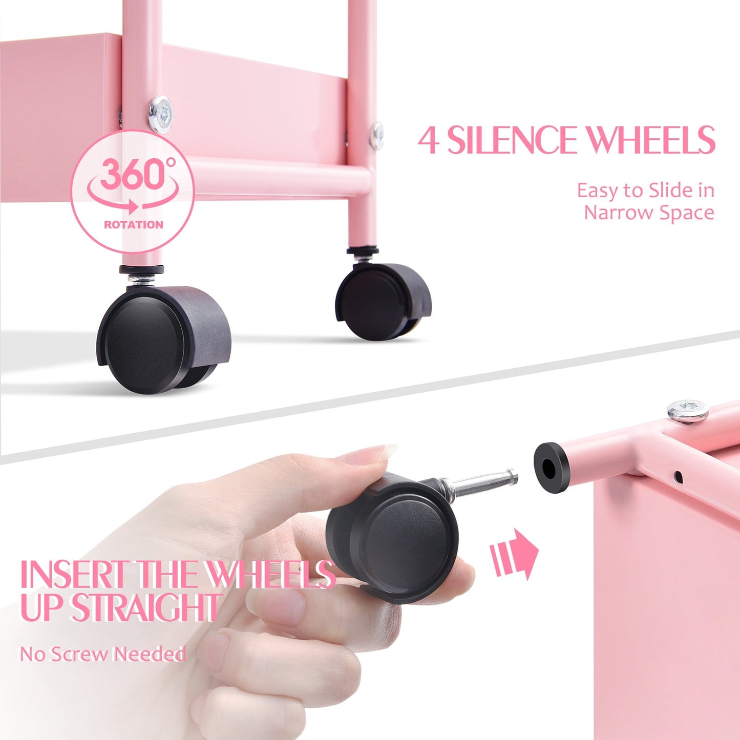TOOLF Rolling Cart, 3-Tier Metal Cart, Slim Storage Cart for Home & Office, Pink (RY810076-P)