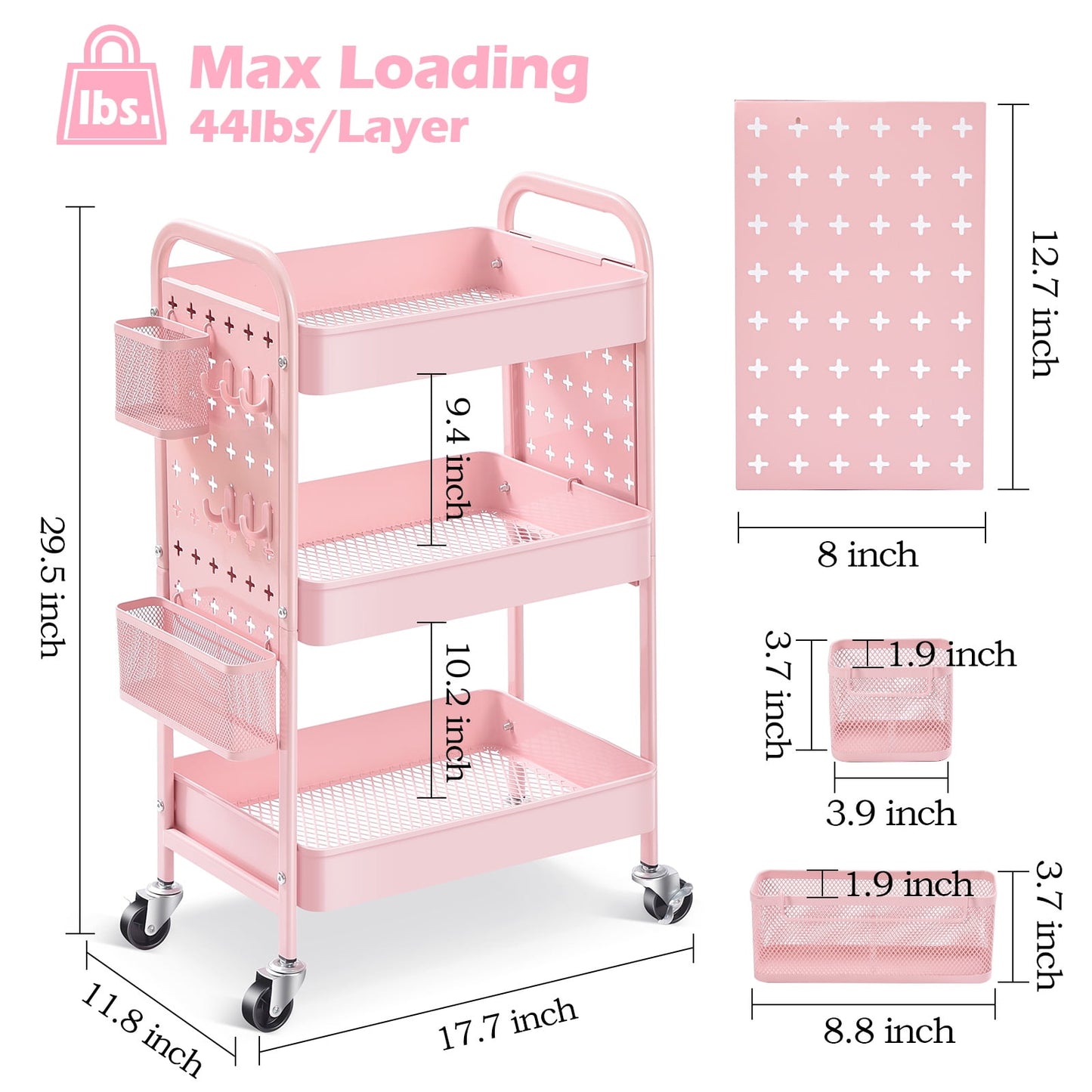 TOOLF 3-Tier Rolling Cart, Utility Storage Cart with DIY Dual Pegboards, Organizer Serving Trolley, Pink (WK830573-P)