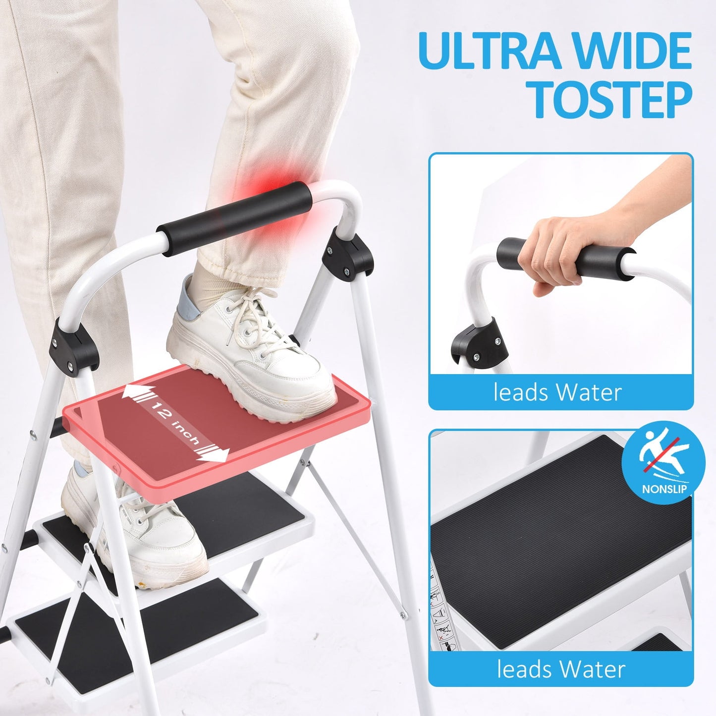 KK KINGRACK 3 Step Ladder, Folding Step Stool with Handrail & Steel Wide Anti-Slip Pedal and 330lb Capacity, White(WK2207B-3-W)