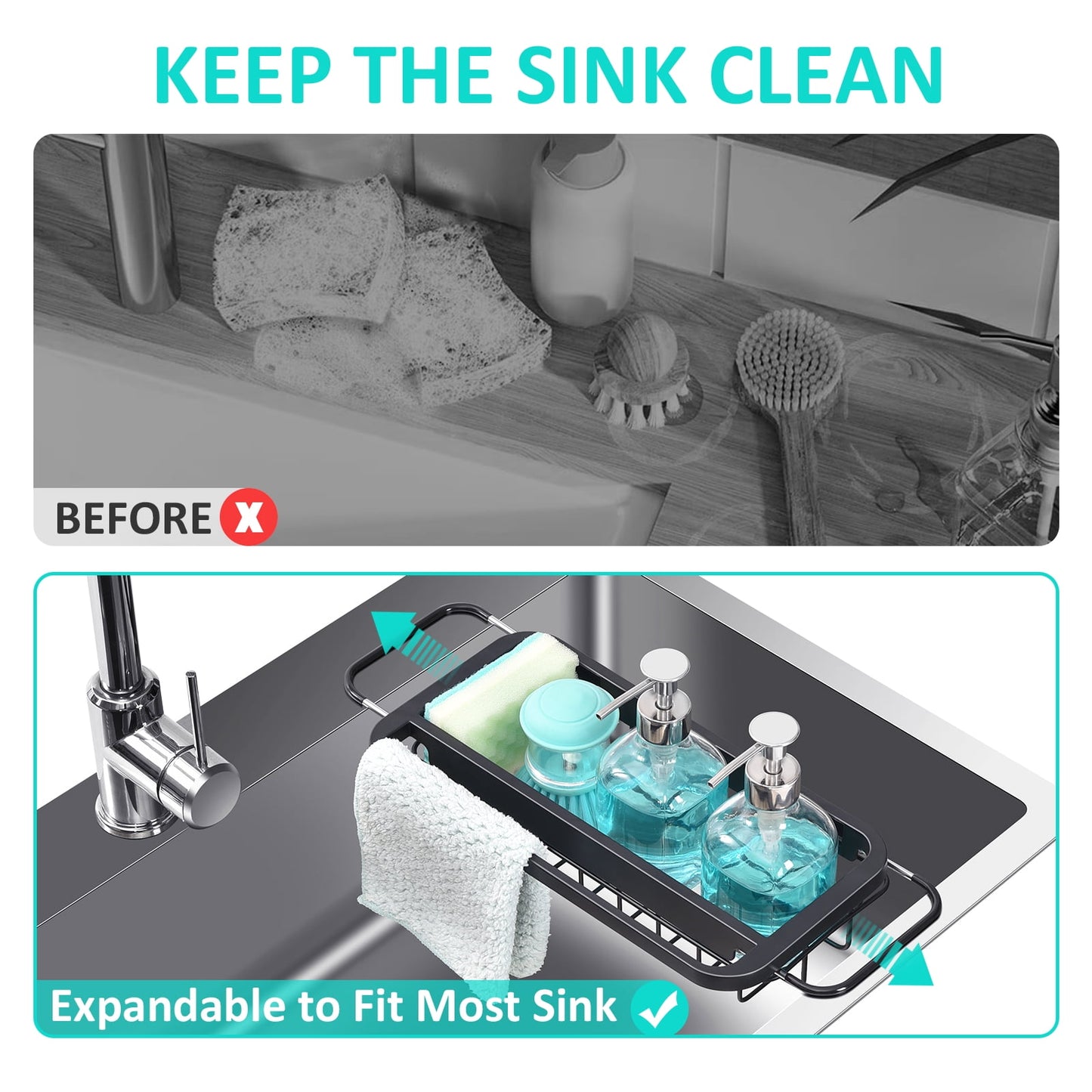 TOOLF Expandable Sink Caddy, Sink Drying Rack, Sink Organizer for Kitchen, Black(wk810592)