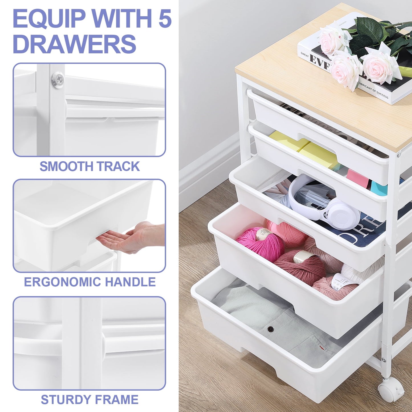 KK KINGRACK Rolling Cart with 5 Drawers, Storage Drawer Cart with Wooden Tabletop, Metal & Plastic, White