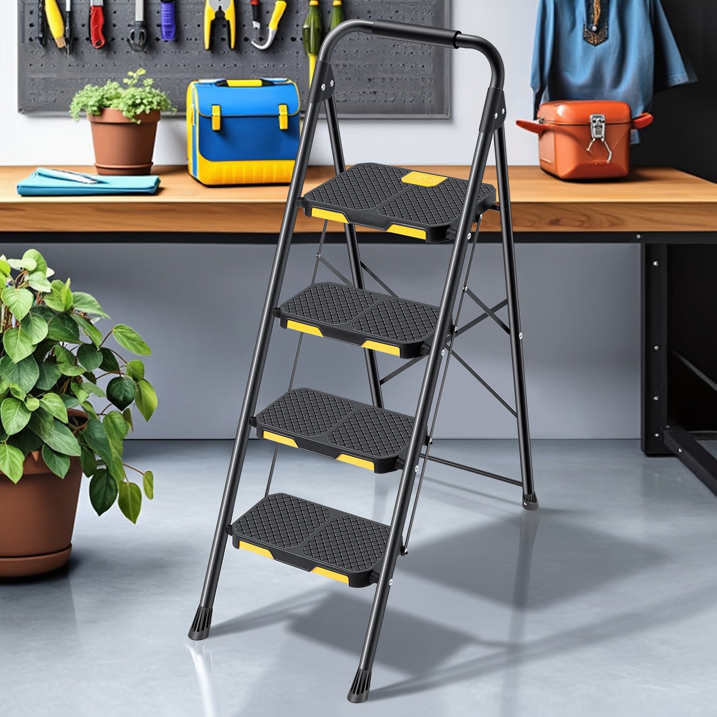 KK KINGRACK 4 Step Stool, Folding Step Ladder for Home&Outdoor, 800 lbs Capacity, Black