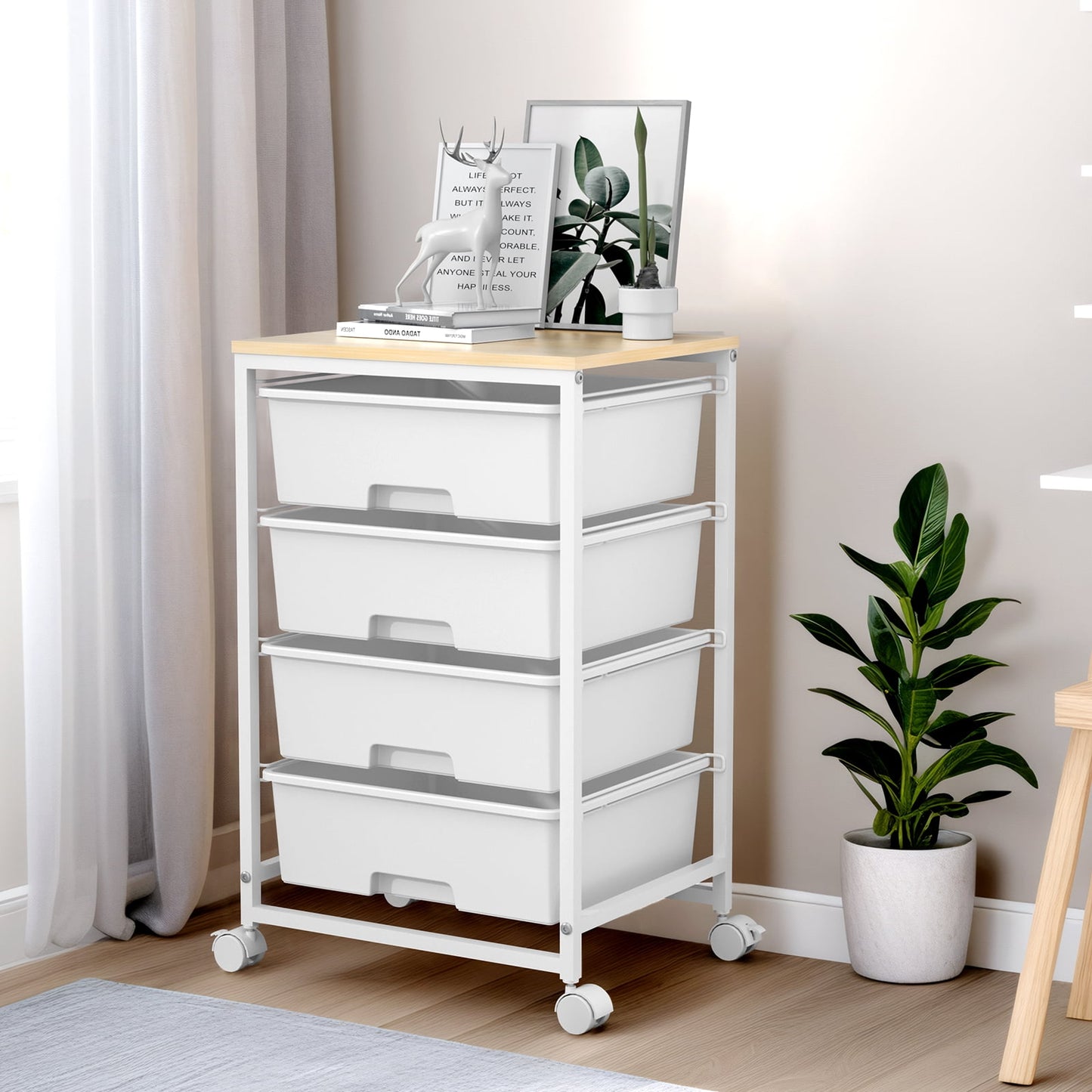Rolling Storage Cart with 4 Drawers, KK KINGRACK Drawer Cart with Wooden Tabletop for Craft Office School Storage, White