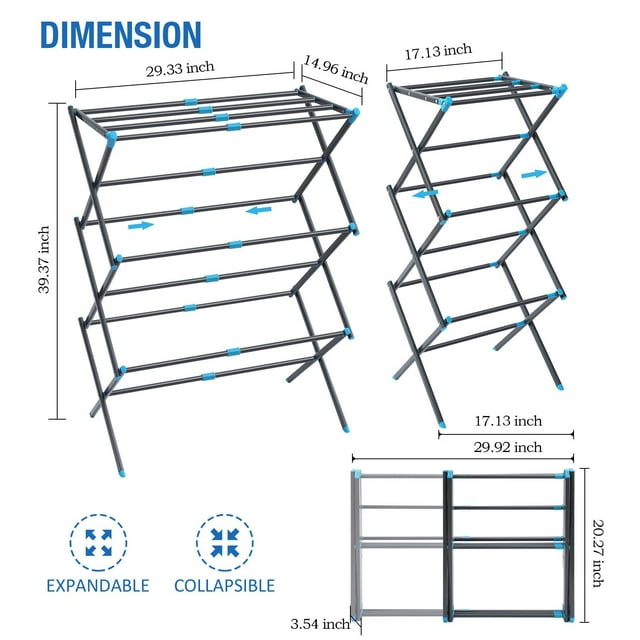 KK KINGRACK Expandable Clothes Drying Rack, Foldable & Collapsible Steel Laundry Drying Racks, Graphite(121501-Black)