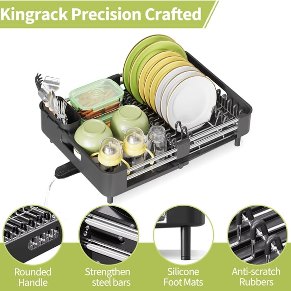 Dish Drying Rack, Kingrack Extendable Dish Rack for Kitchen Counter, Foldable Stainless Steel Space-Saving Dish Drainer