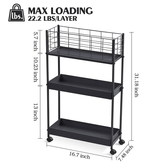 KINGRACK 3-Tier Metal Utility Rolling Cart with Wheels, Garage Storage, Slim Storage Cart for Office Kitchen Bathroom Narrow Place, File Black, RY810076-B