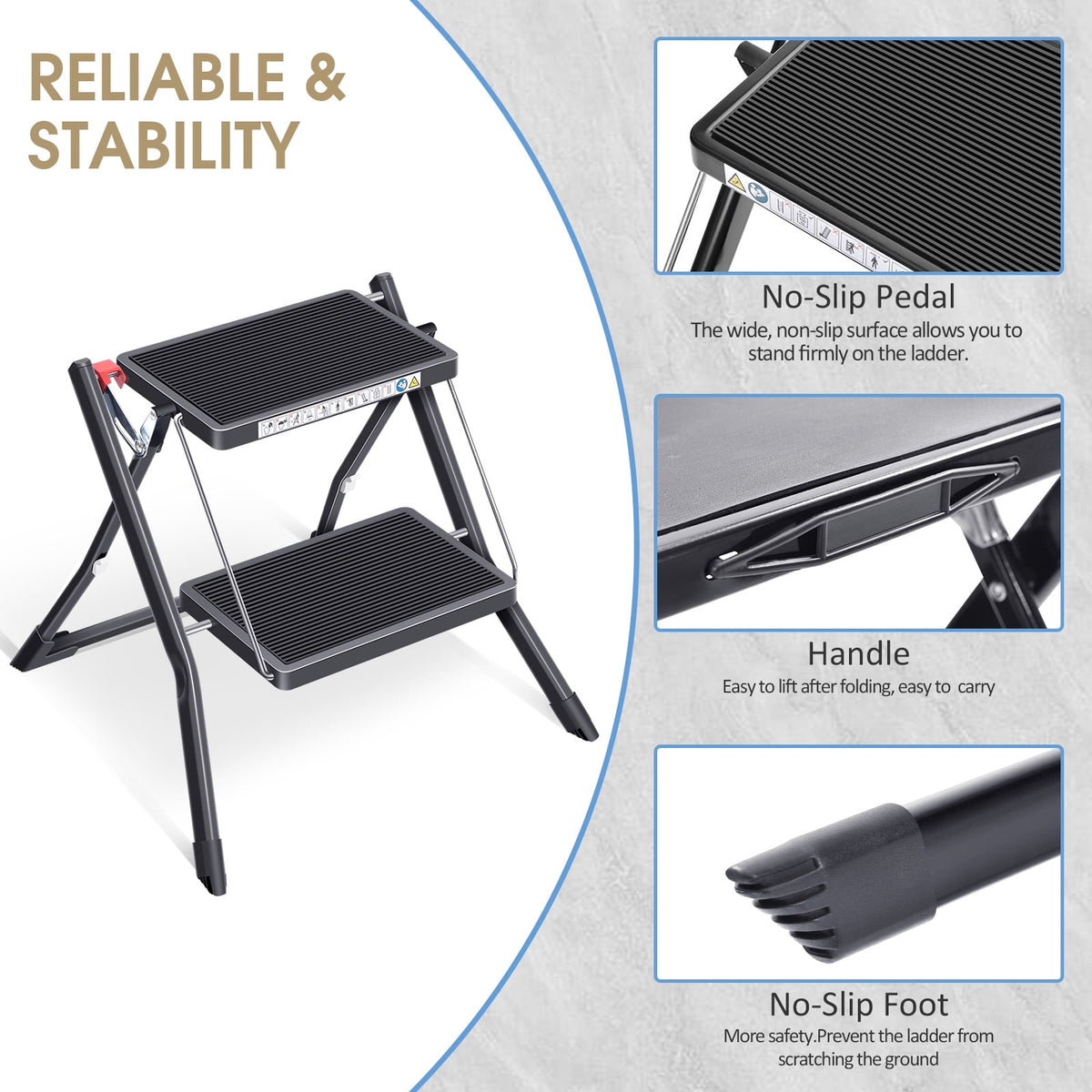 Kingrack 2 Step Ladder Folding Stool, Non-Slip Step Ladder, collapsible stool for adults, Heavy Duty 330Lbs Capacity Industrial Lightweight (2031-B)