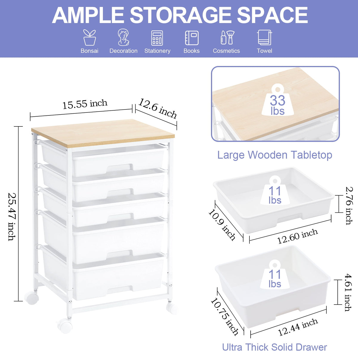 KK KINGRACK Rolling Cart with 5 Drawers, Storage Drawer Cart with Wooden Tabletop, Metal & Plastic, White