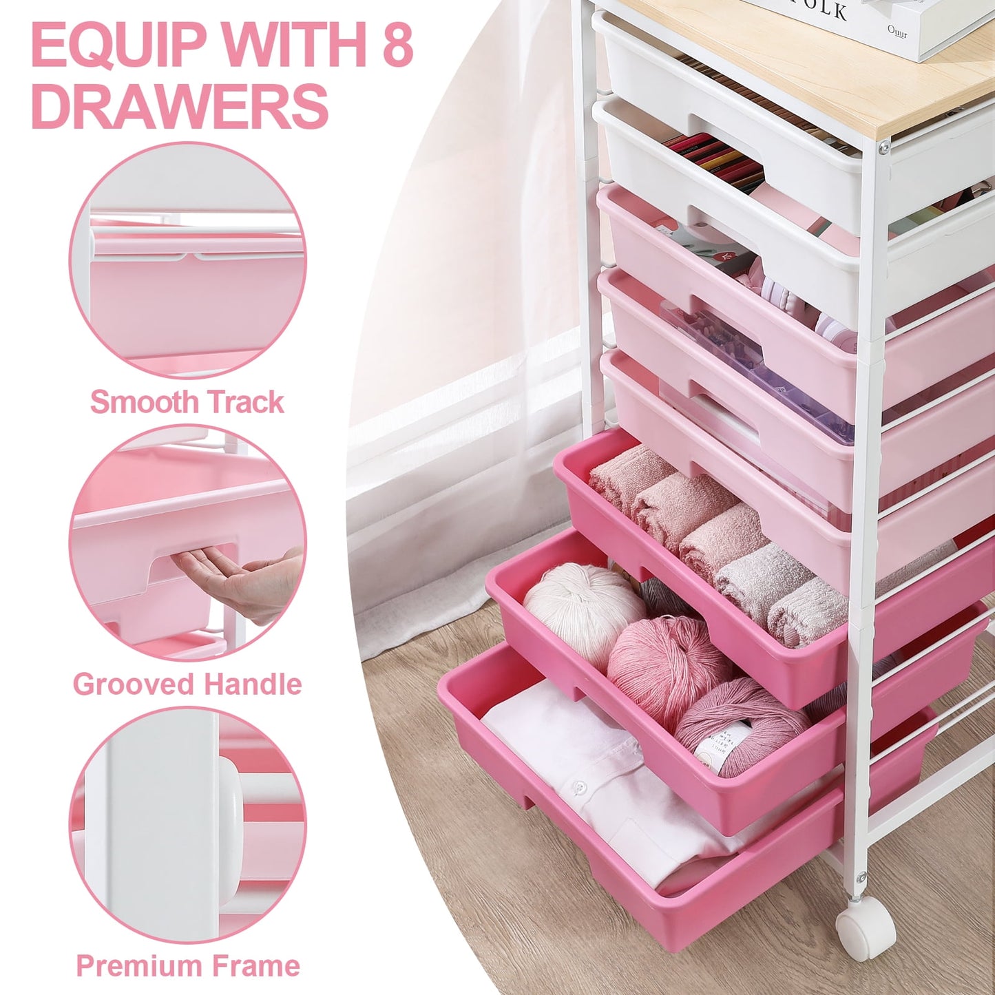 KK KINGRACK Storage Rolling Cart with 8 Drawers,Wooden Tabletop, Metal & Plastic,Pink (WK830924-4)