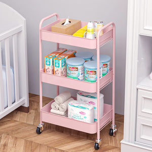 KINGRACK 3-Tier Rolling Cart, Metal Utility Cart with Lockable Wheels, for Office, Bathroom, Kitchen, Kid's Room, Classroom (Pink),WK131218-P