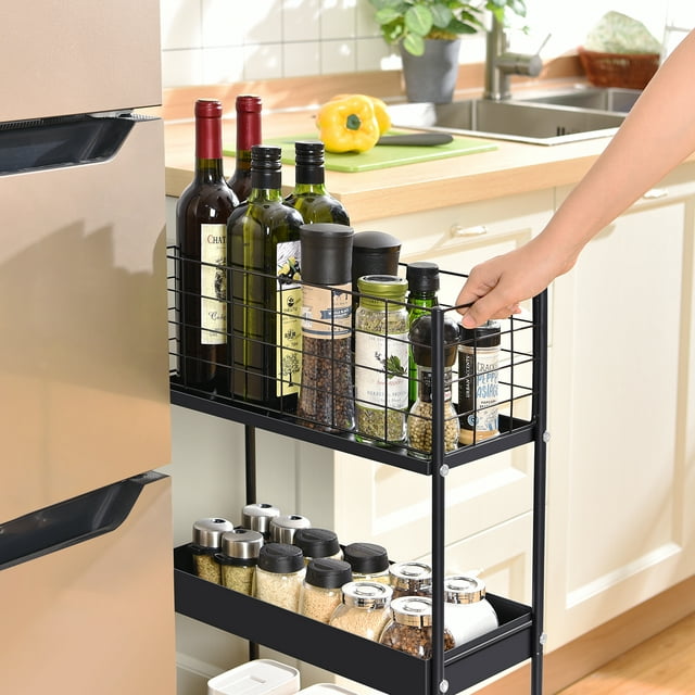 KINGRACK 3-Tier Metal Utility Rolling Cart with Wheels, Garage Storage, Slim Storage Cart for Office Kitchen Bathroom Narrow Place, File Black, RY810076-B