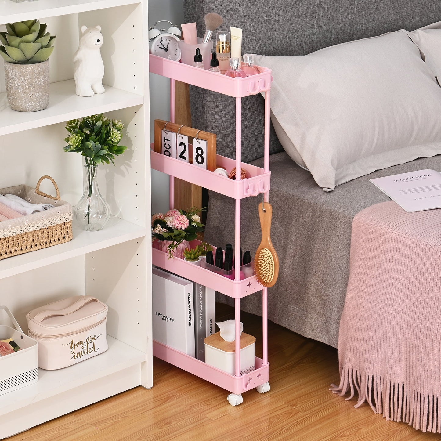 TOOLF 4 Tier Rolling Cart, Slim Storage Cart, Bathroom & Laundry Organizer for Office Kitchen Bedroom Laundry Room（RY810179-P）