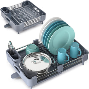 Kingrack Extendable Dish Rack, Dual Part Dish Drainers with Non-Scratch and Movable Cutlery Drainer and Drainage Spout, WK810172-6