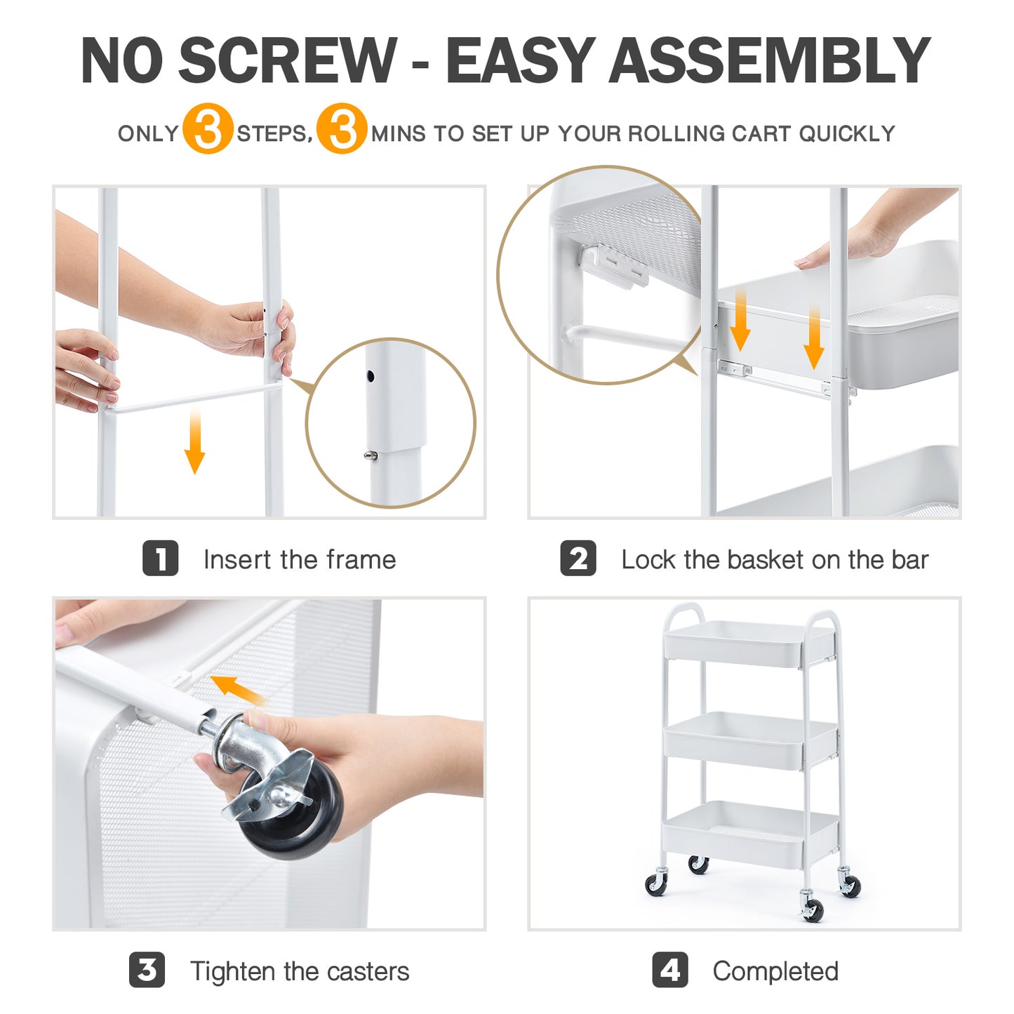 3 Tier Rolling Cart, No Screw Metal Utility Cart, Easy Assemble-WK130917 (WHITE/PINK/GREY/BLACK, 4-COLORS AVAILABLE))