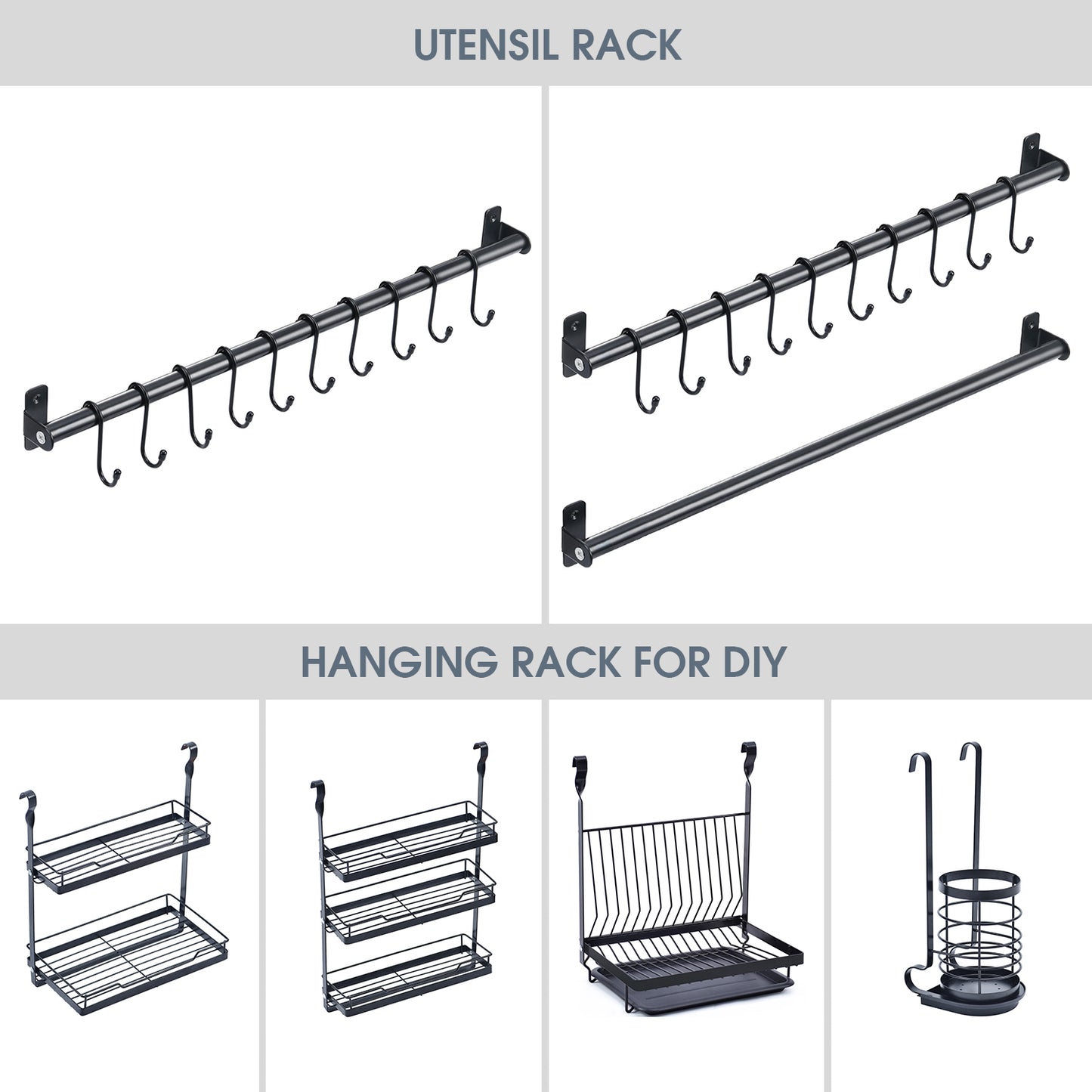 Kitchen Utensil Rack Series, Wall Mounted Rail Rack for Hanging, DIY with Hanging Utensil Rack/ Hanging Dish Rack/ Hanging Spicy Rack