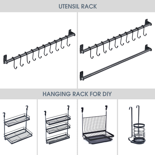 Kitchen Utensil Rack Series, Wall Mounted Rail Rack for Hanging, DIY with Hanging Utensil Rack/ Hanging Dish Rack/ Hanging Spicy Rack