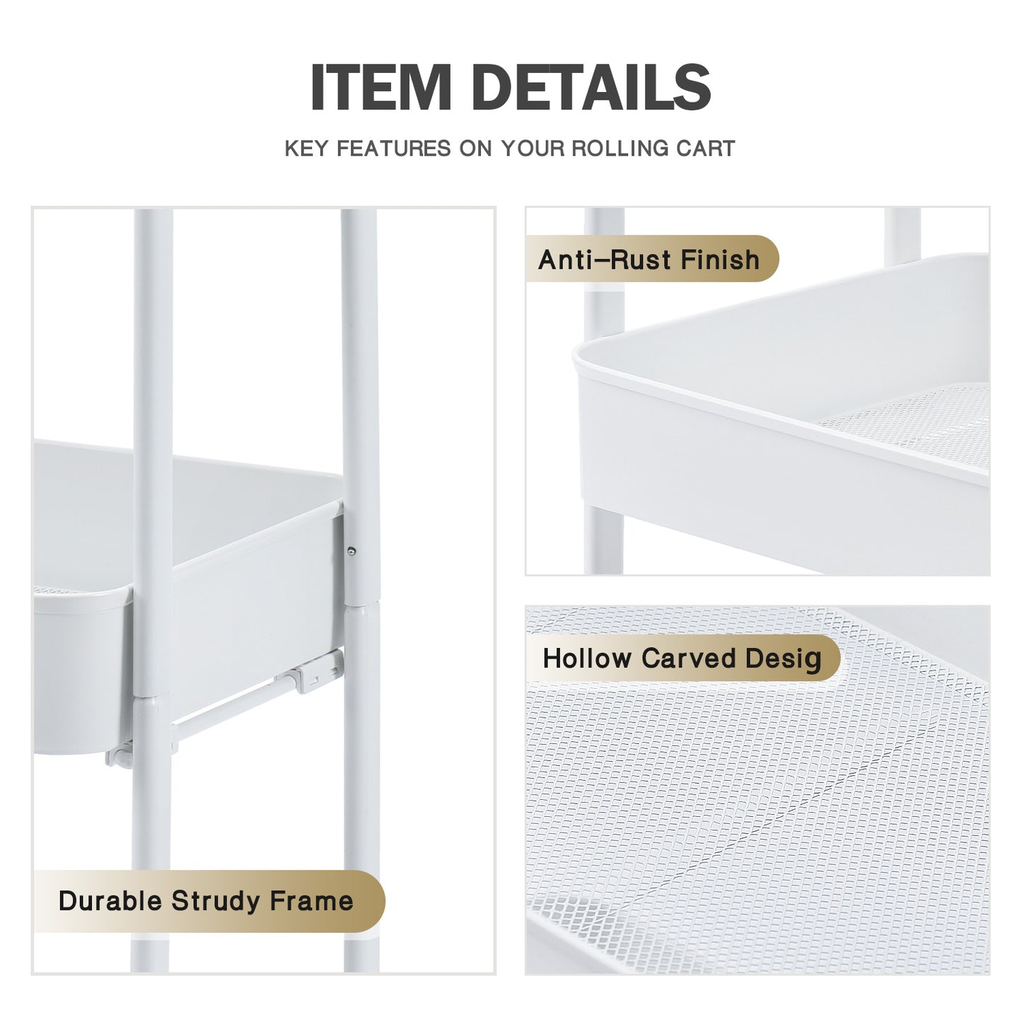 3 Tier Rolling Cart, No Screw Metal Utility Cart, Easy Assemble-WK130917 (WHITE/PINK/GREY/BLACK, 4-COLORS AVAILABLE))