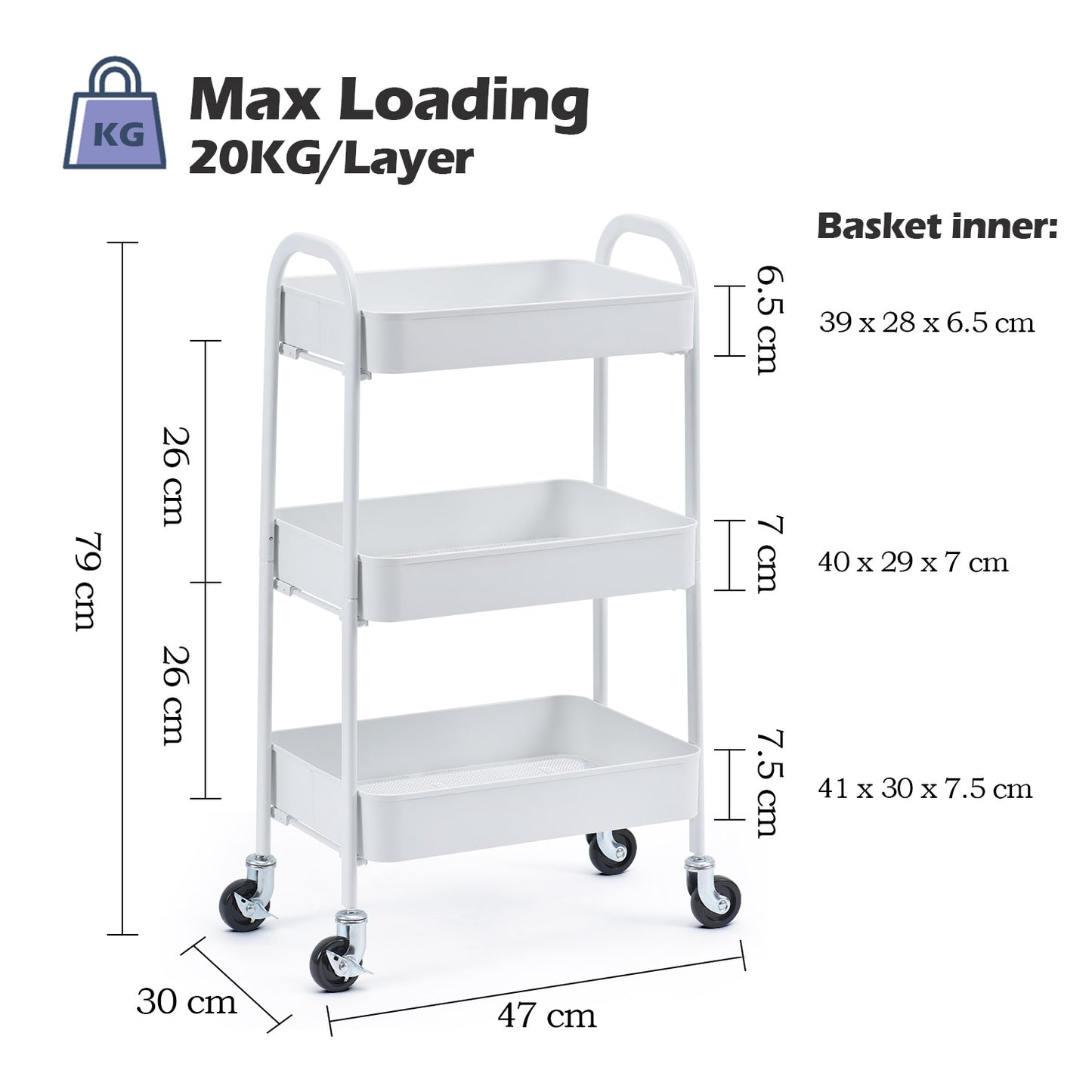 3 Tier Rolling Cart, No Screw Metal Utility Cart, Easy Assemble-WK130917 (WHITE/PINK/GREY/BLACK, 4-COLORS AVAILABLE))