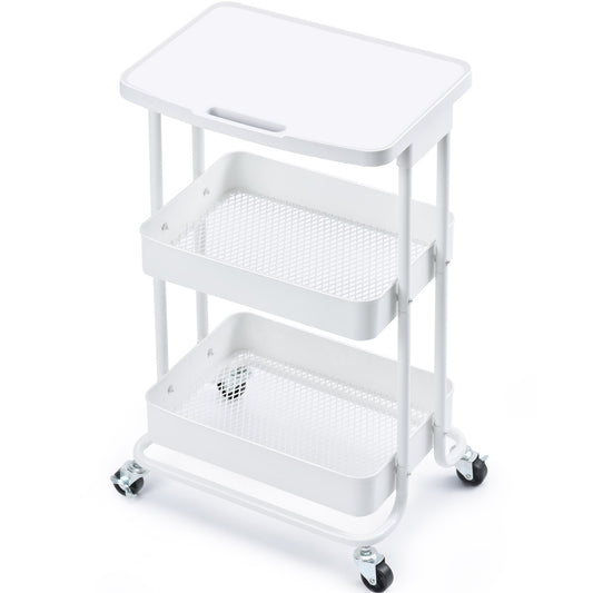 3-Tier Metal Rolling Storage Cart with Practical Tabletop, WHITE, WK130918