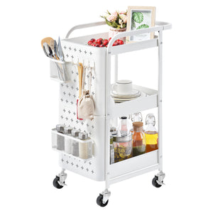 3-Tier Metal Utility Cart with Removable Pegboard, Extra Baskets Hooks-WK130902 (WHITE/GREY, 2-COLORS AVAILABLE)