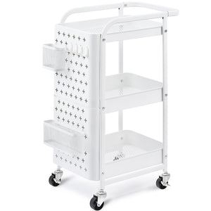 3-Tier Metal Utility Cart with Removable Pegboard, Extra Baskets Hooks-WK130902 (WHITE/GREY, 2-COLORS AVAILABLE)