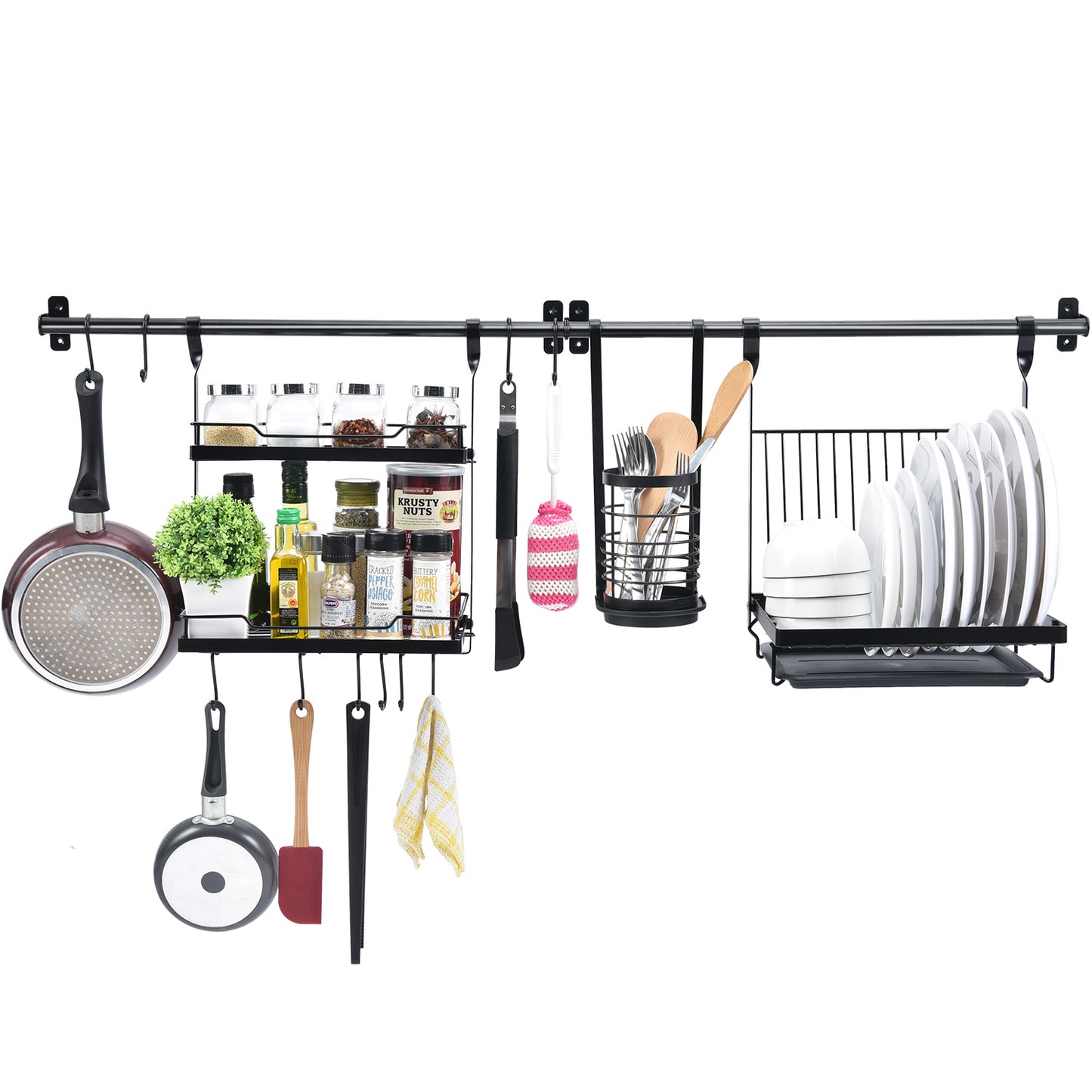 Utensil Rack Set of 5, with 2 Rail Rack, Folding Dish Rack, 2-Tier Spice Rack, Utensil Holder, 10 S-Hooks, Black