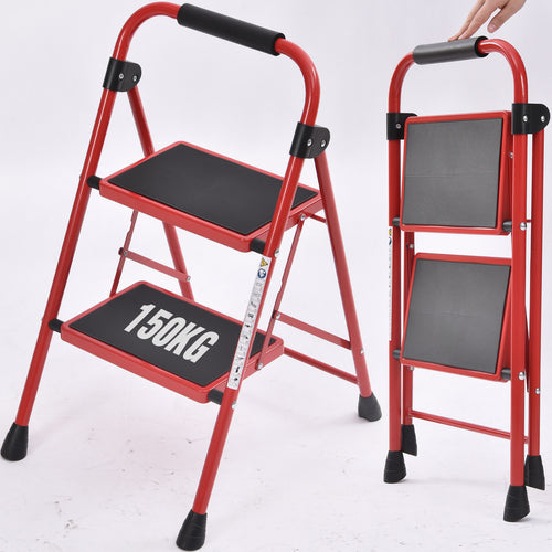KINGRACK 2 Step Ladder,Folding Sturdy Steel Ladder,Small Ladder with Handle,Lightweight & Portable Step Ladder for Kitchen Home Garden Household and Office,WK2207B-2R
