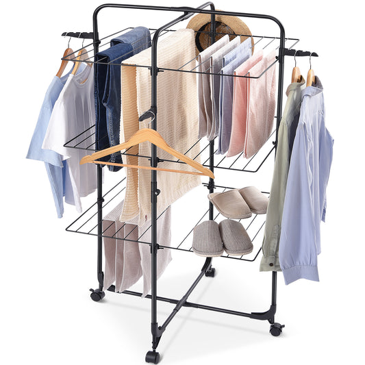 KINGRACK Clothes Drying Rack, 3-Tier Collapsible Laundry Rack Stand Garment Drying Station with Wheels and 4 Hooks, Indoor-Outdoor Use, for for Bed Linen, Clothing, Socks, Scarves, Black,116201H-B