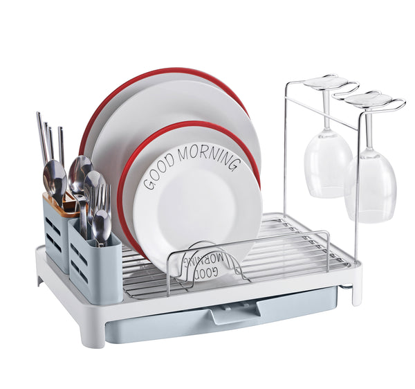 Fulgente Dish Drying Rack Drainboard Set, Large 2 Tier Stainless Steel Dish Racks with Drainage, Wine Glass Holder, Utensil Holder and Extra Drying