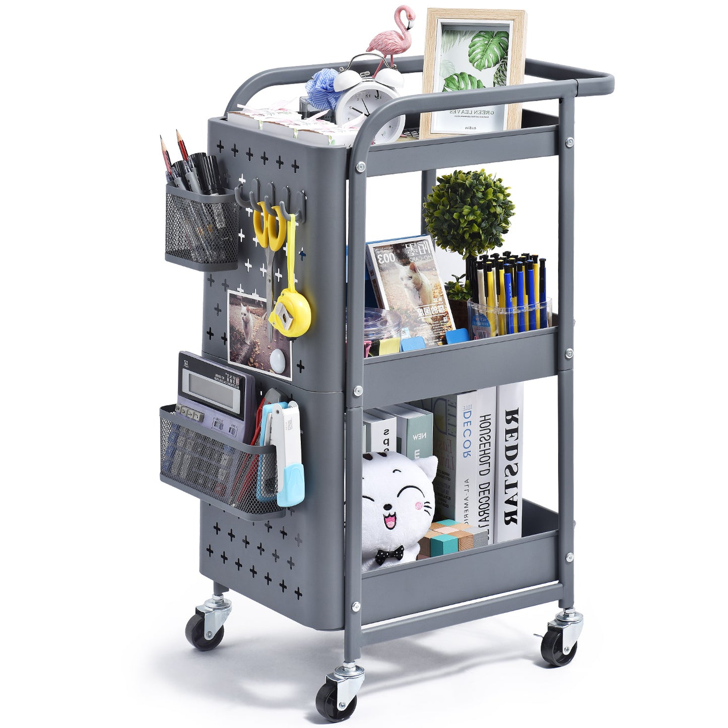 3-Tier Metal Utility Cart with Removable Pegboard, Extra Baskets Hooks-WK130902 (WHITE/GREY, 2-COLORS AVAILABLE)