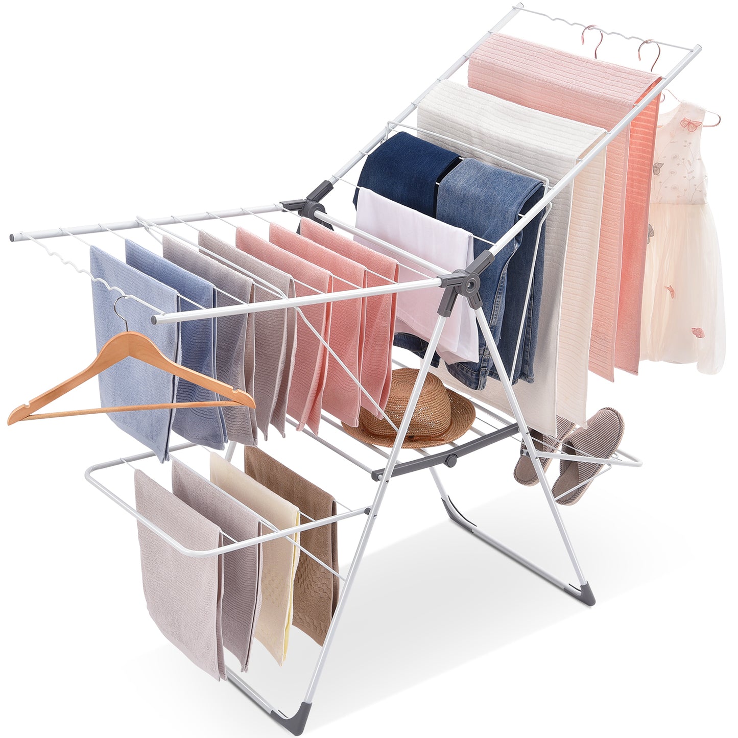 Kingrack Clothes Drying Rack, 2-Tier Folding Drying Rack for Indoor Outdoor Use, Foldable Large Drying Hanger Height-Adjustable Gullwing, 32 Drying Rails, Shoes Holds, Freestanding Laundry Rack,149801