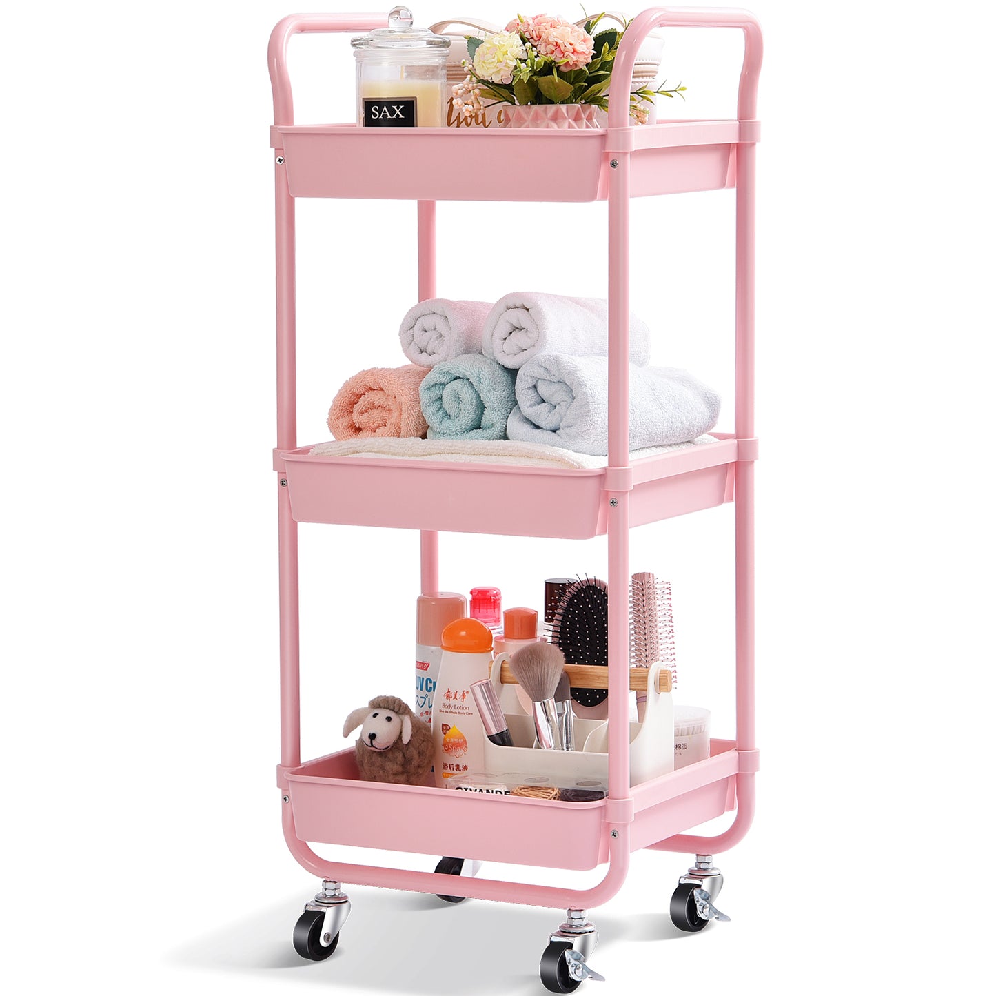 KINGRACK Kitchen Rolling Cart, 3-Tier Storage Utility Cart with Wheels, Plastic Organiser Cart Rolling Trolley Shelving Unit, Storage Rack, Fruit Vegetable Rack Pink,WK131143-P