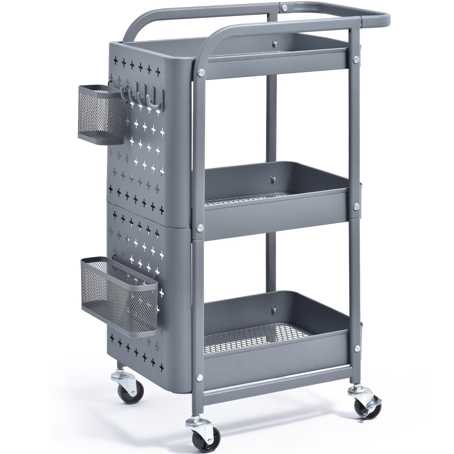 3-Tier Metal Utility Cart with Removable Pegboard, Extra Baskets Hooks-WK130902 (WHITE/GREY, 2-COLORS AVAILABLE)
