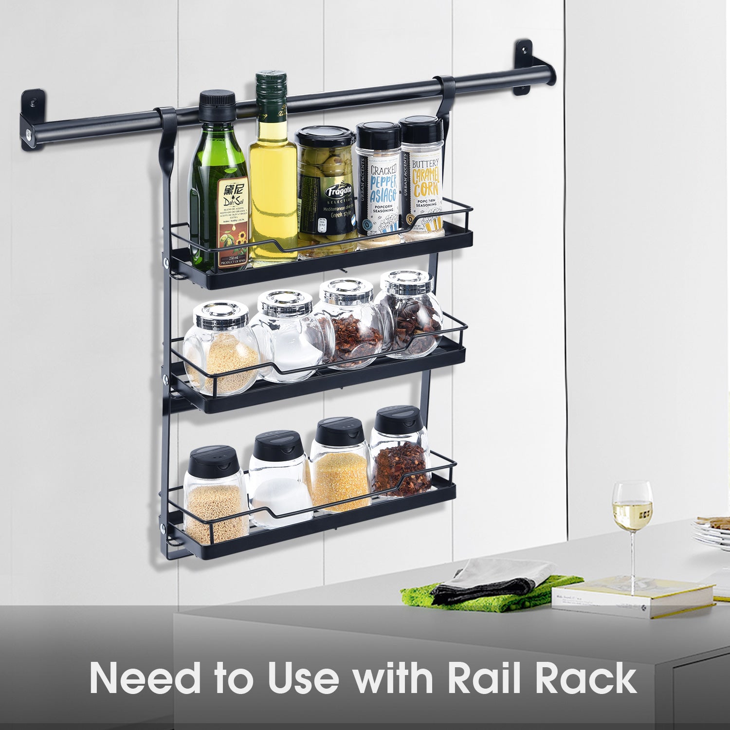 Utensil Rack Set of 5, Kitchen Wall Hanging Shelf with 2 Rail Rack, Folding Dish  Rack, 2-Tier Spice Rack, Utensil Holder, 10 S-Hooks for Wall Mounted  Storage Organizer, Black – Kingrack Home