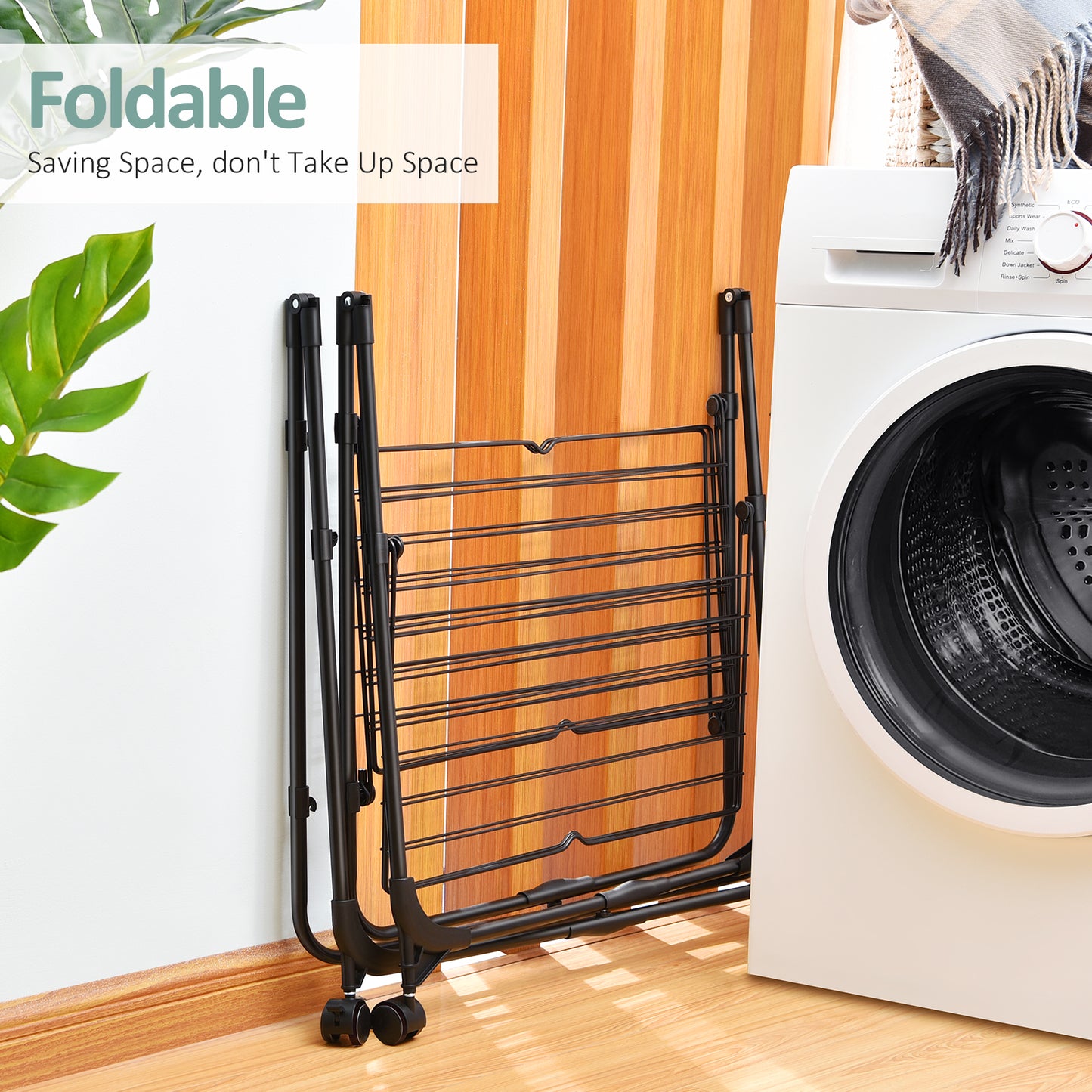 KINGRACK Clothes Drying Rack, 3-Tier Collapsible Laundry Rack Stand Garment Drying Station with Wheels and 4 Hooks, Indoor-Outdoor Use, for for Bed Linen, Clothing, Socks, Scarves, Black,116201H-B