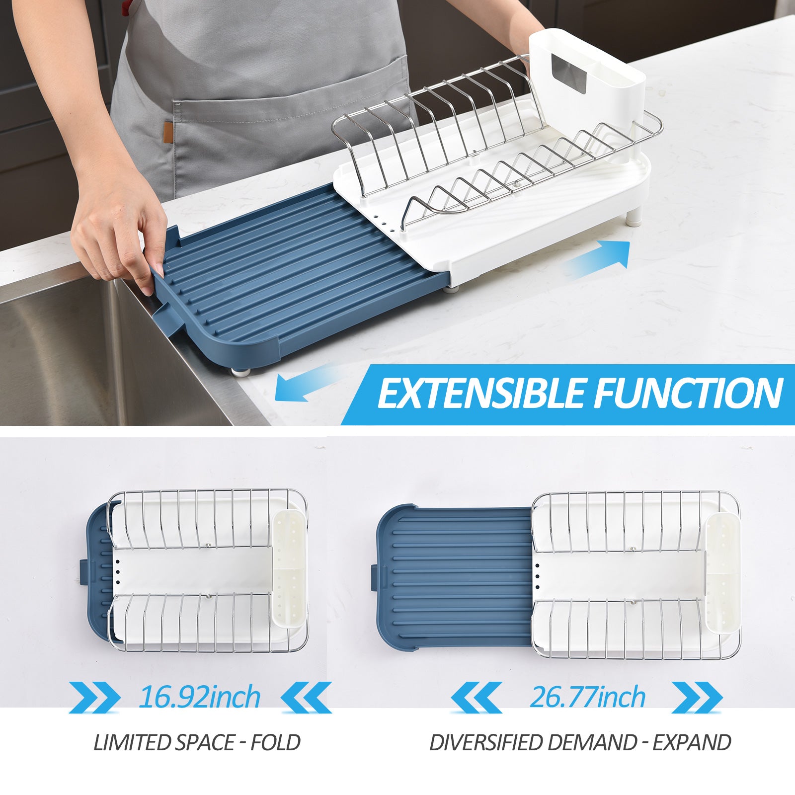 KINGRACK Expandable Dish Drying Rack, Small Dish Drainer Rack for Kitchen Counter Organizers, Stainless Steel, Non-Slip Feet, Anti Rust Sink Plate