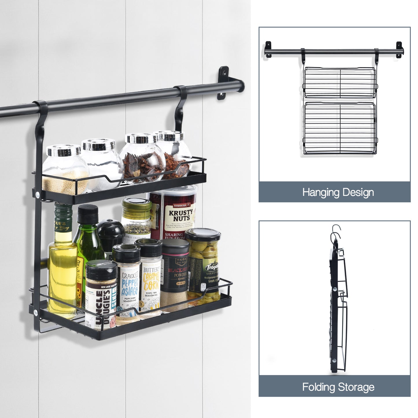 Utensil Rack Set of 5, with 2 Rail Rack, Folding Dish Rack, 2-Tier Spice Rack, Utensil Holder, 10 S-Hooks, Black