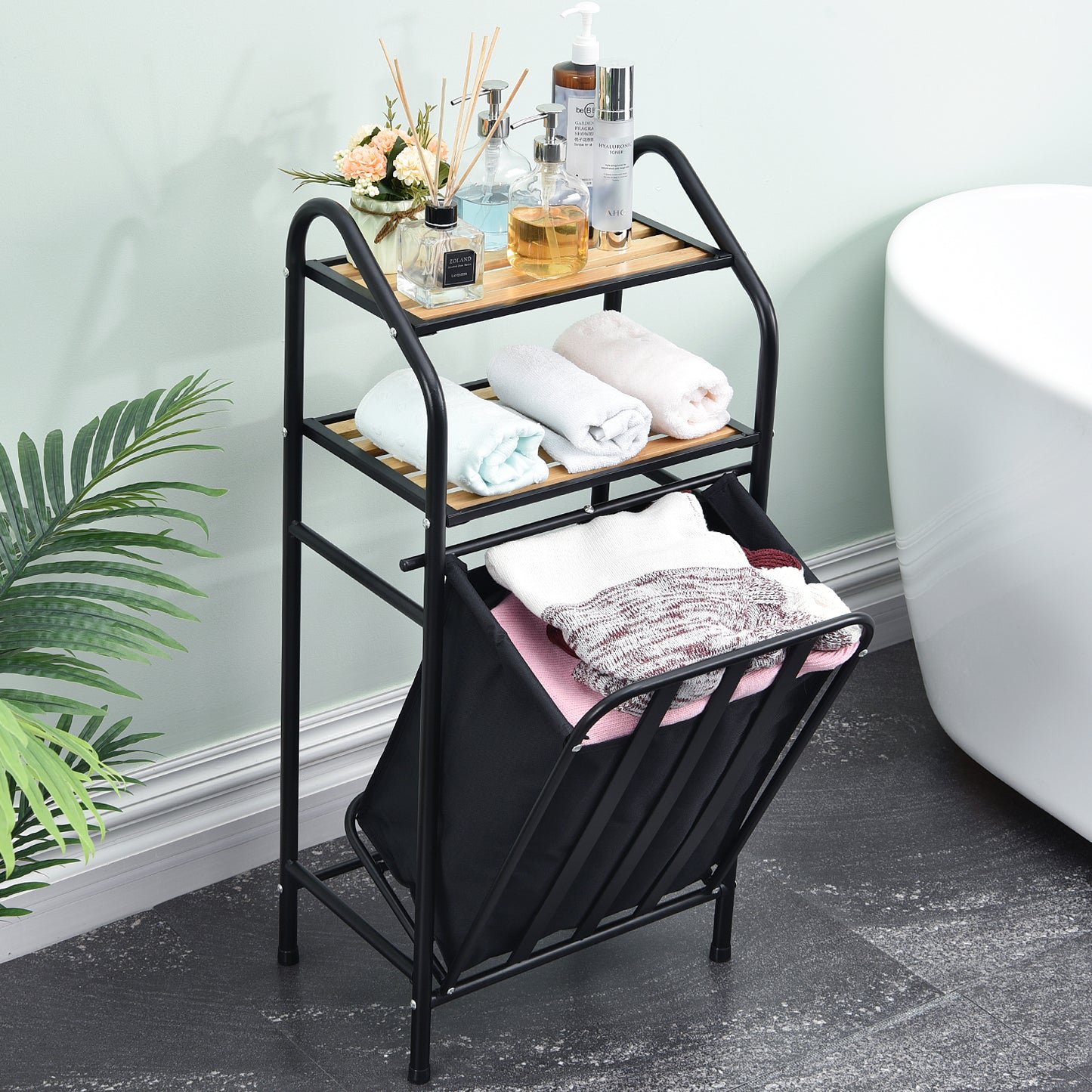 Laundry Tilt-Out Sorter with 2-Tier Shelves and Removable Bag, Laundry  Hamper, Black-WK130901C