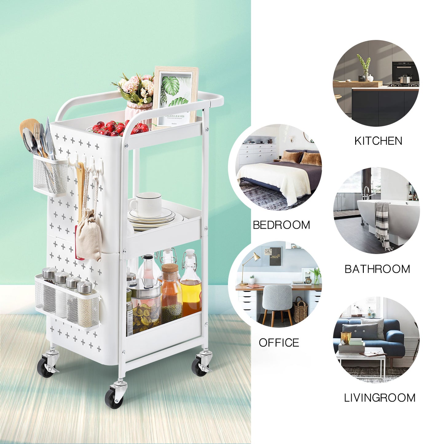 3-Tier Metal Utility Cart with Removable Pegboard, Extra Baskets Hooks-WK130902 (WHITE/GREY, 2-COLORS AVAILABLE)