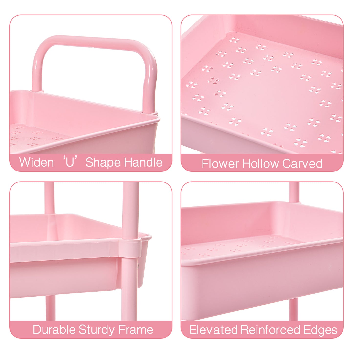 KINGRACK Kitchen Rolling Cart, 3-Tier Storage Utility Cart with Wheels, Plastic Organiser Cart Rolling Trolley Shelving Unit, Storage Rack, Fruit Vegetable Rack Pink,WK131143-P
